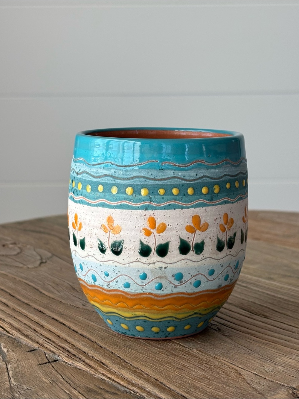 Handcrafted Turquoise & Orange Floral Folk Art Taverna Boho Tumbler